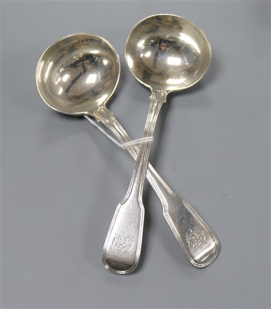 A pair of George III silver fiddle and thread pattern sauce ladles, Eley, Fearn & Chawner, London, 1813.